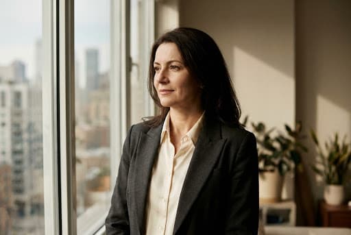A woman in her mid-forties in warm natural light, calm atmosphere