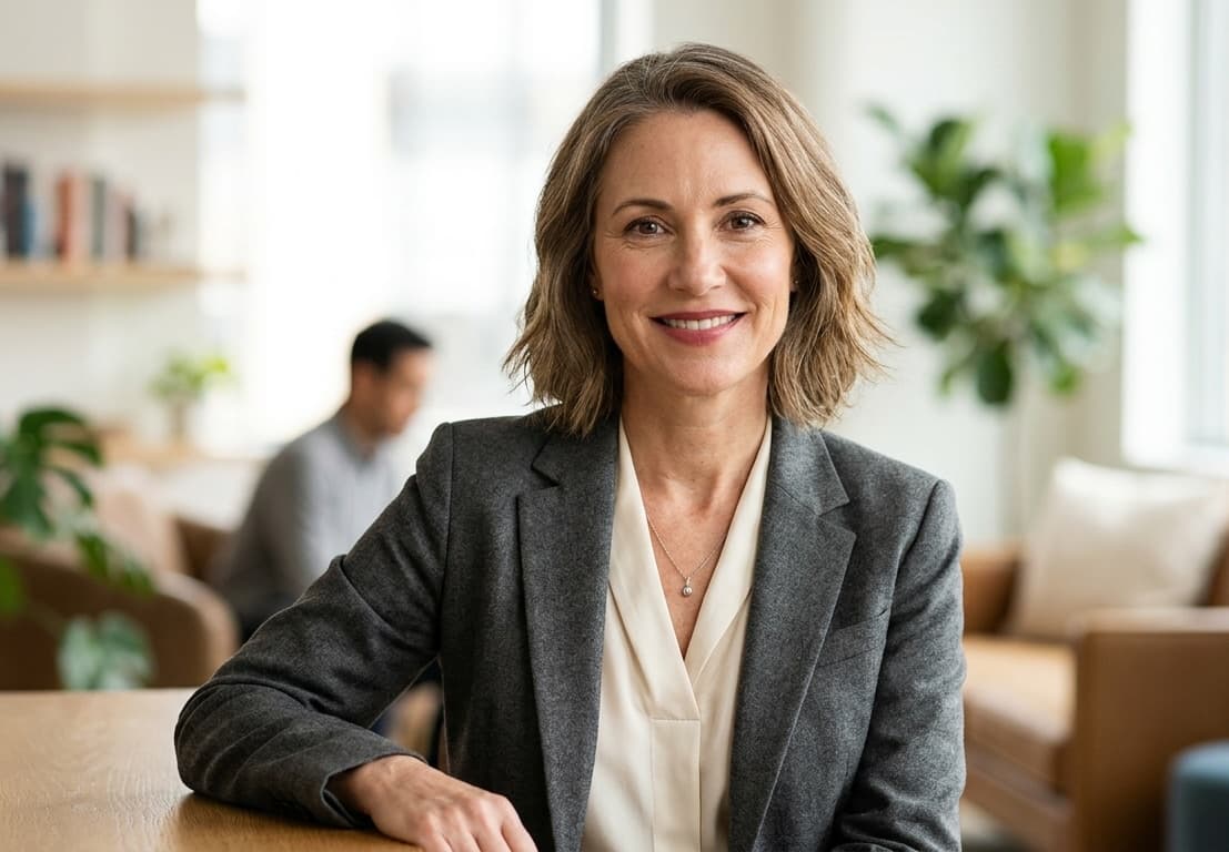 A woman in her fifties with dark brown hair, wearing a charcoal blazer over a soft blouse, looking thoughtfully out an office window onto a city skyline — composed, modern, present.